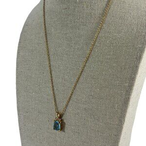 Gold Tone Faux Blue Topaz Square Pendant Chain Necklace 18" Delicate Dressy